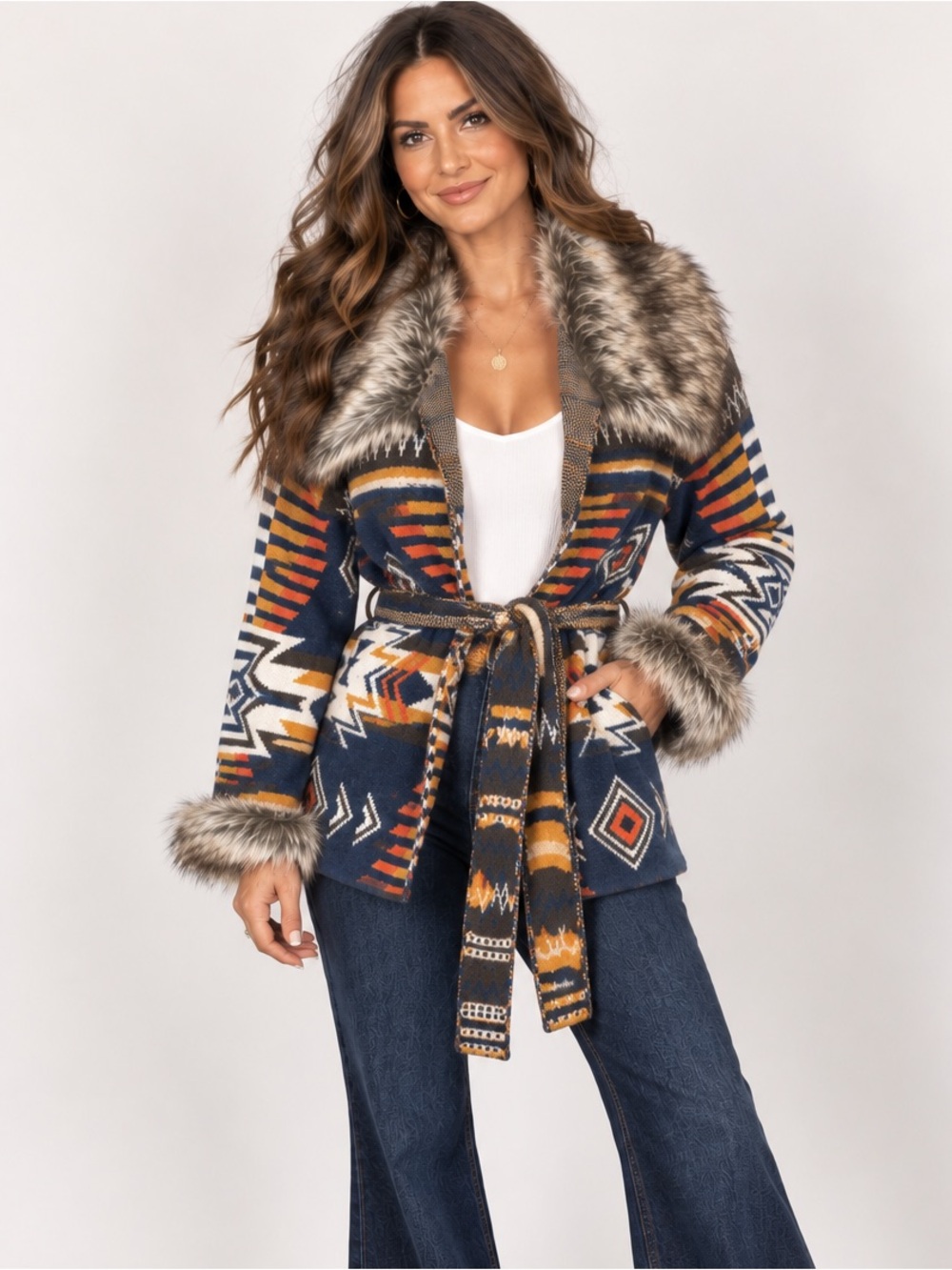 SHYANNE WOMEN'S FAUX FUR TRIM BELTED SWEATER